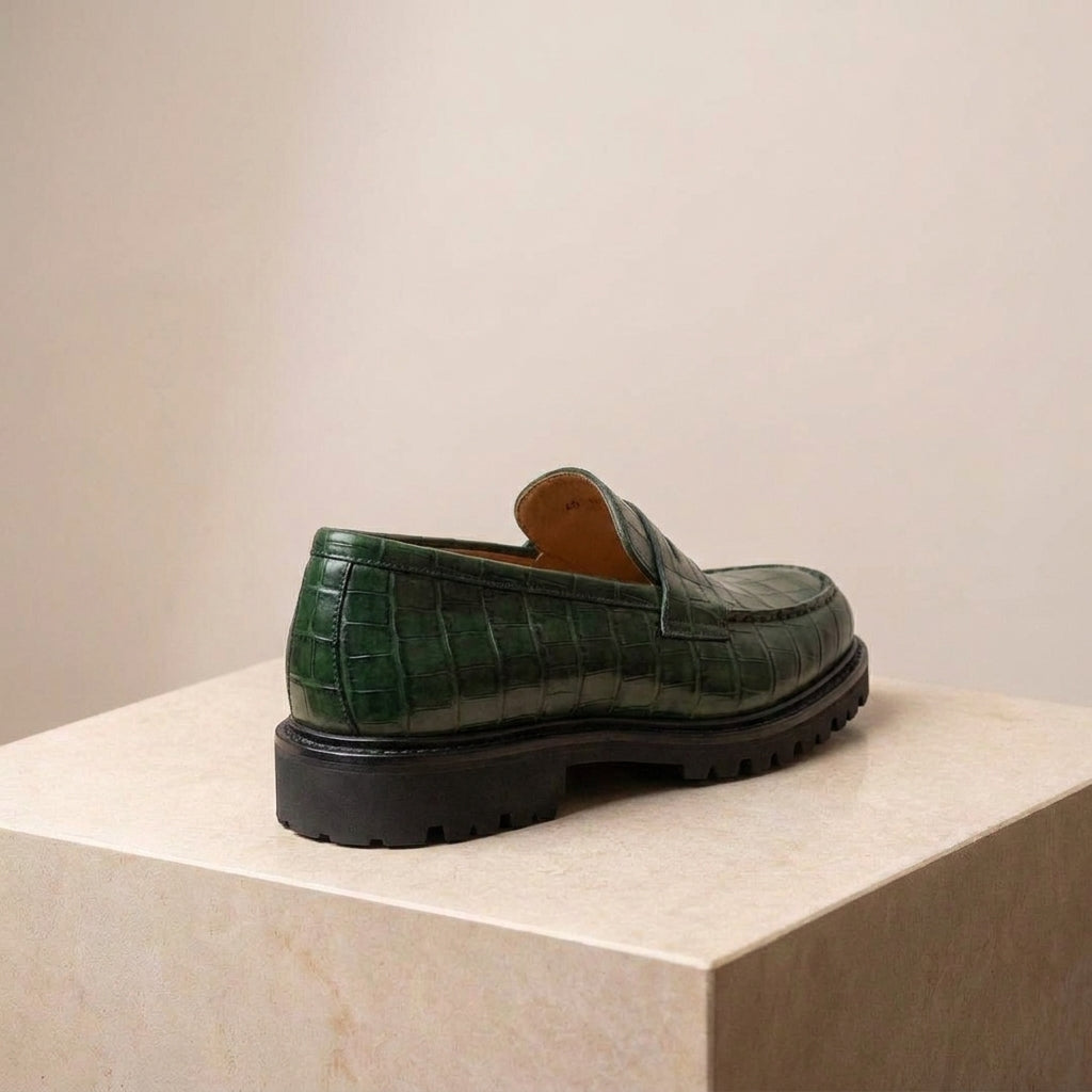 Green Crocodile-Print Leather Presanella Chunky Penny Loafer with Pebble Rubber Sole