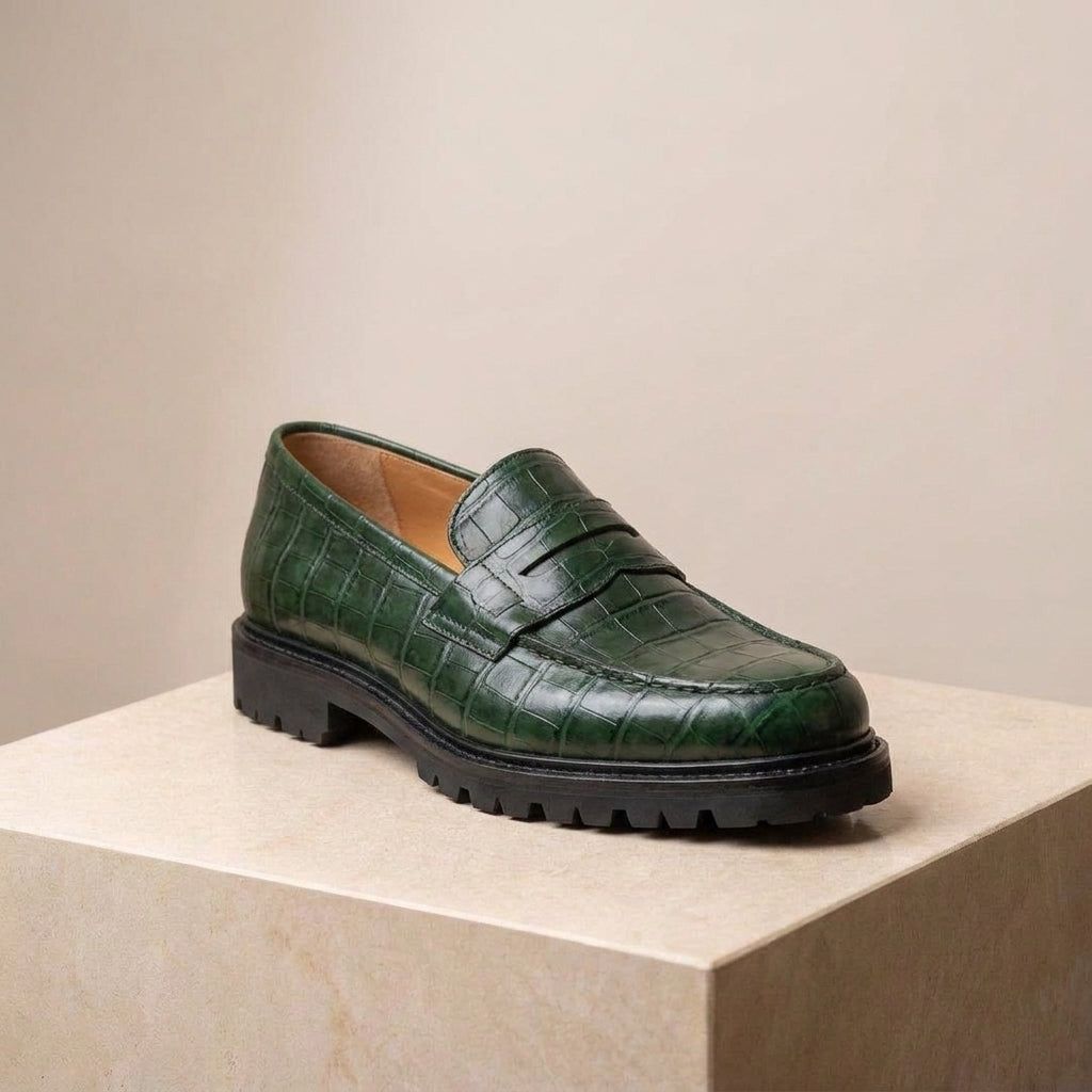 Green Crocodile-Print Leather Presanella Chunky Penny Loafer with Pebble Rubber Sole