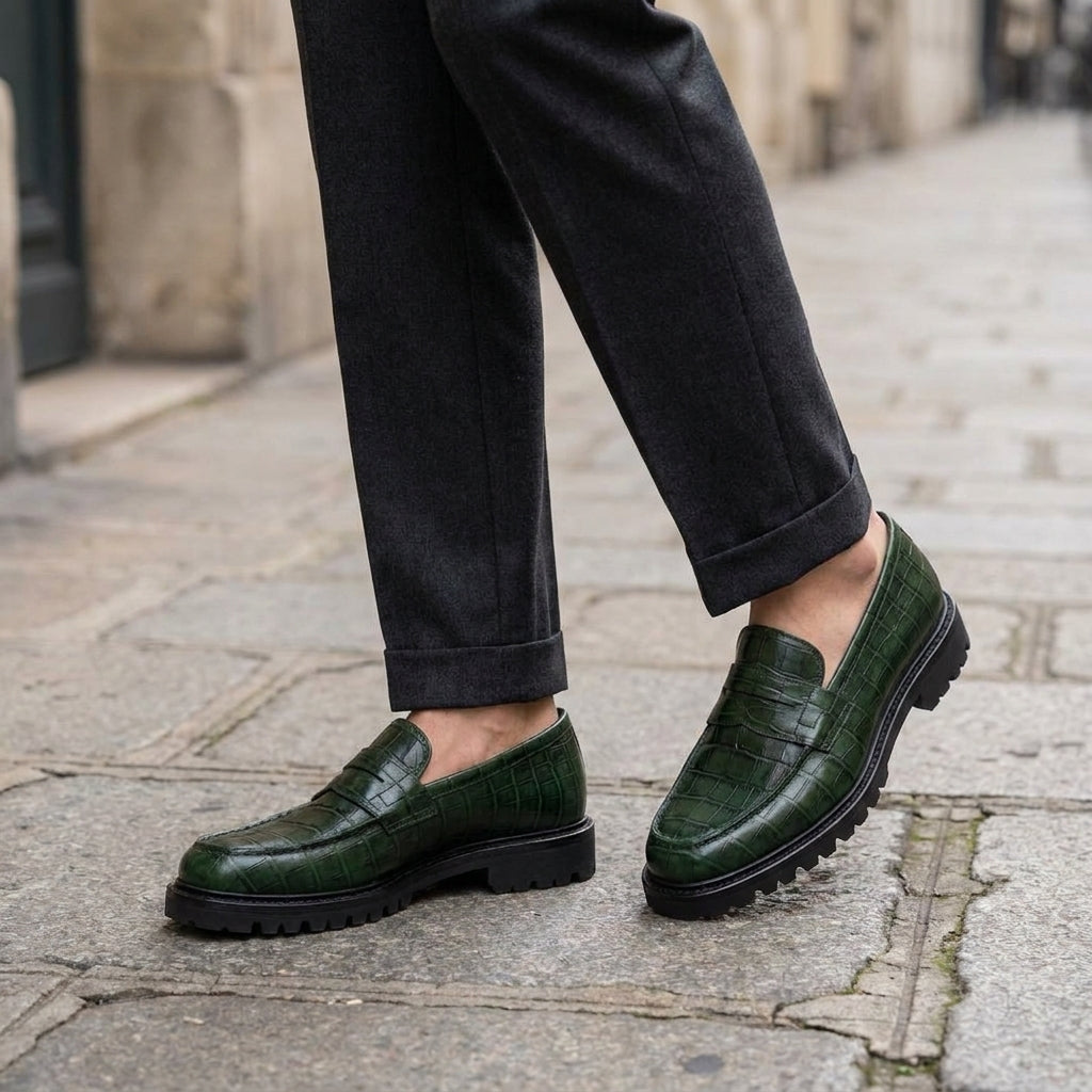 Green Crocodile-Print Leather Presanella Chunky Penny Loafer with Pebble Rubber Sole