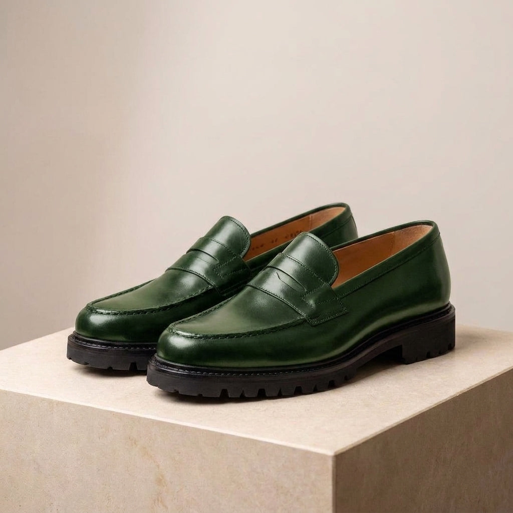 Green Leather Presanella Chunky Penny Loafer with Pebble Rubber Sole