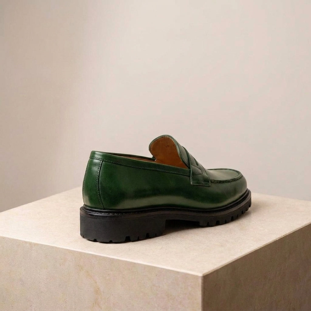 Green Leather Presanella Chunky Penny Loafer with Pebble Rubber Sole