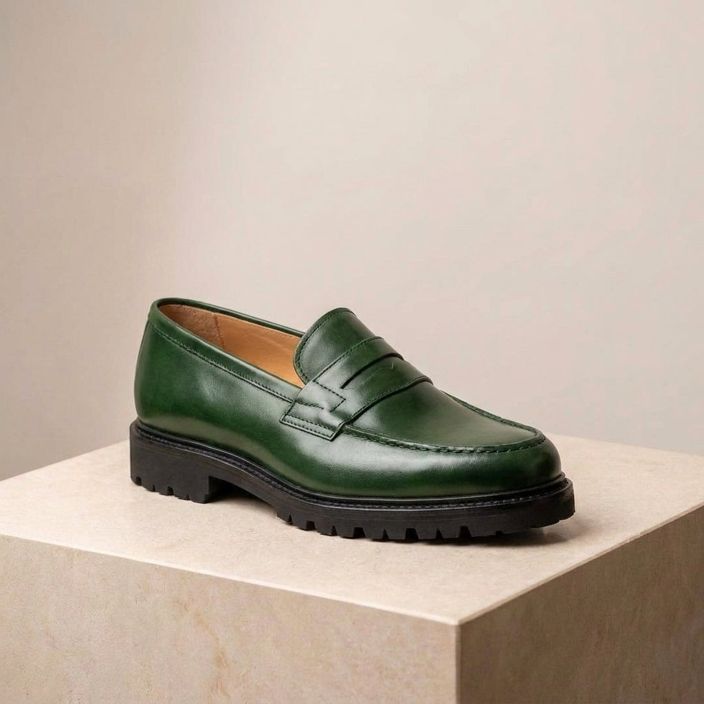 Green Leather Presanella Chunky Penny Loafer with Pebble Rubber Sole