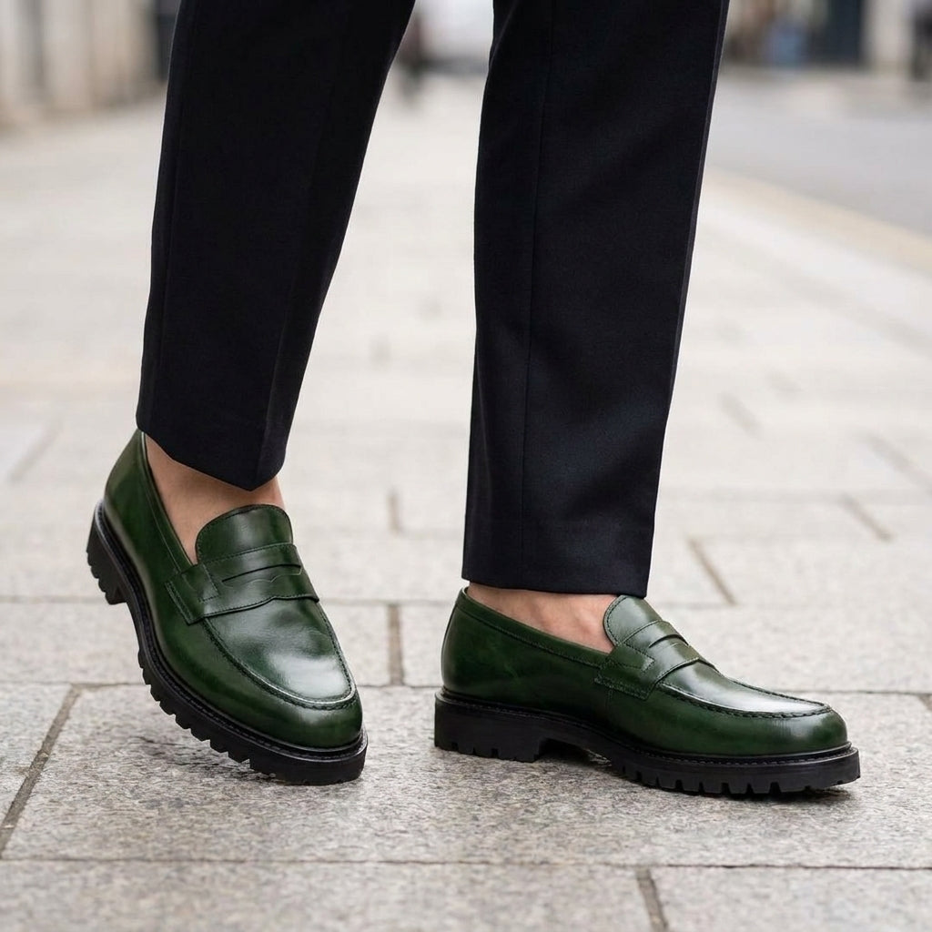 Green Leather Presanella Chunky Penny Loafer with Pebble Rubber Sole