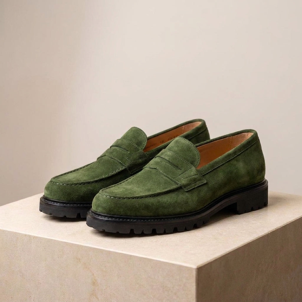 Green Suede Presanella Chunky Penny Loafer with Pebble Rubber Sole