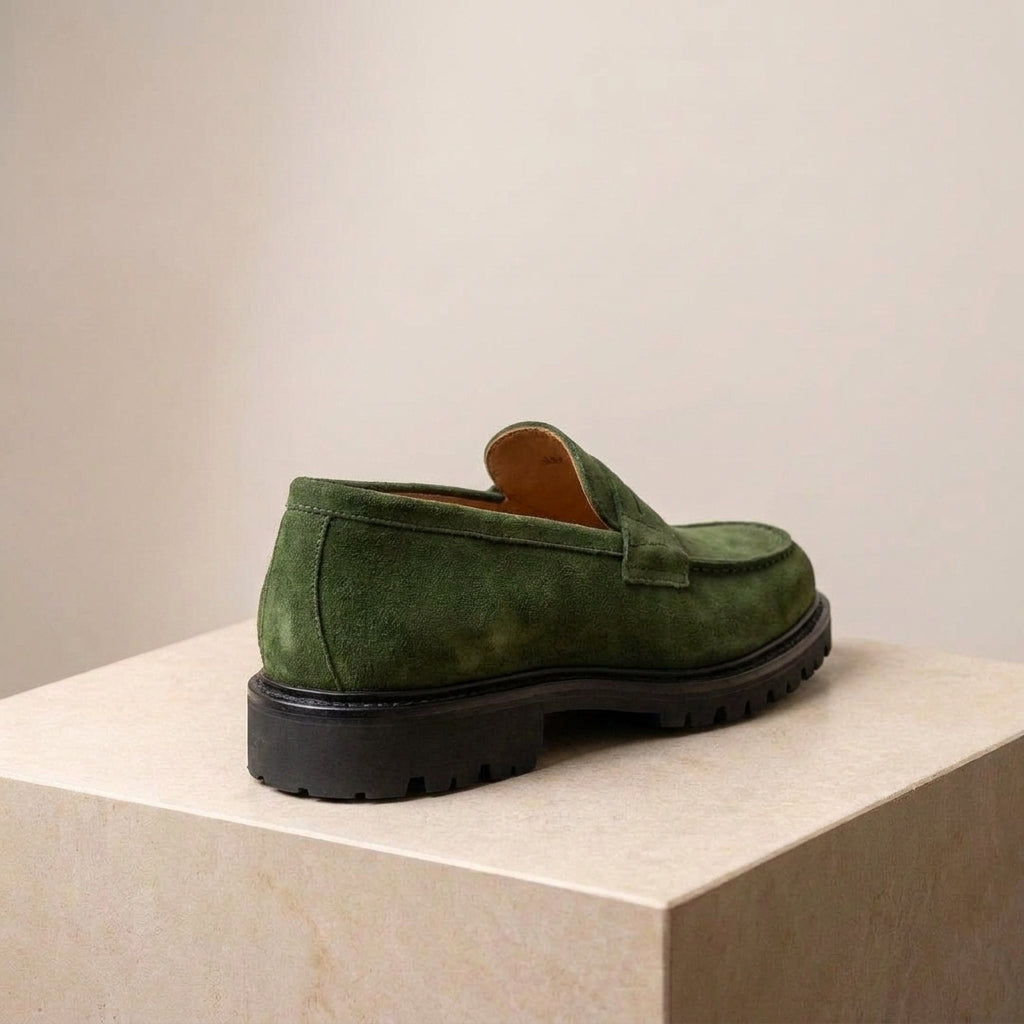 Green Suede Presanella Chunky Penny Loafer with Pebble Rubber Sole