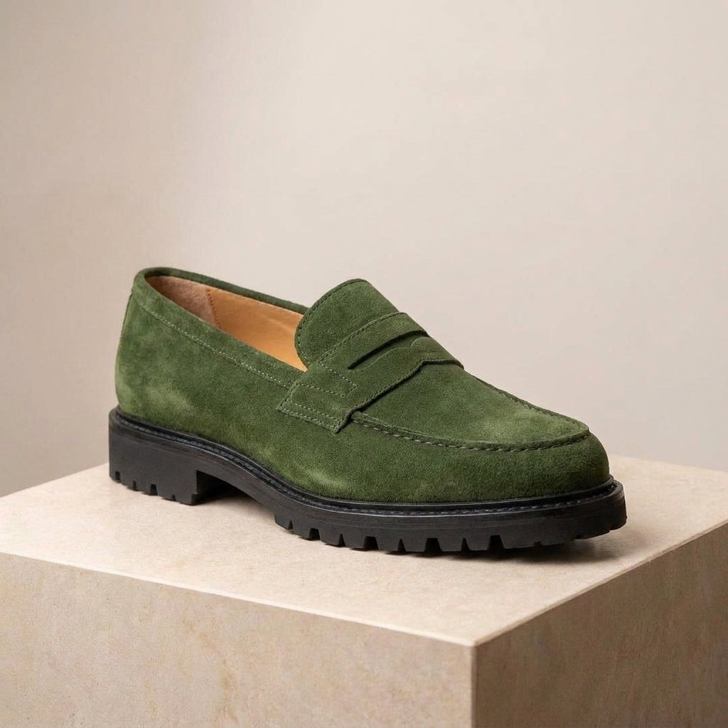 Green Suede Presanella Chunky Penny Loafer with Pebble Rubber Sole