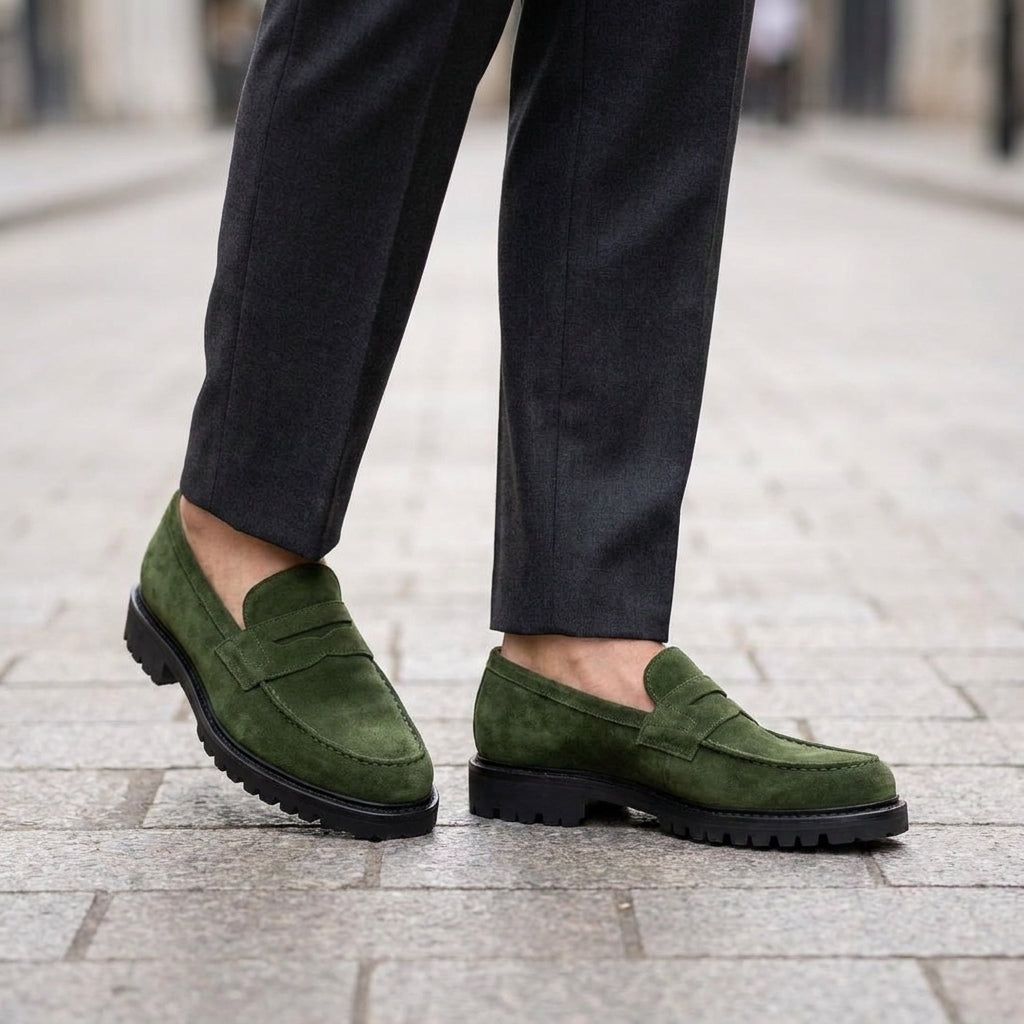 Green Suede Presanella Chunky Penny Loafer with Pebble Rubber Sole