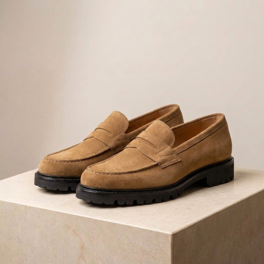 Tan Suede Presanella Chunky Penny Loafer with Pebble Rubber Sole