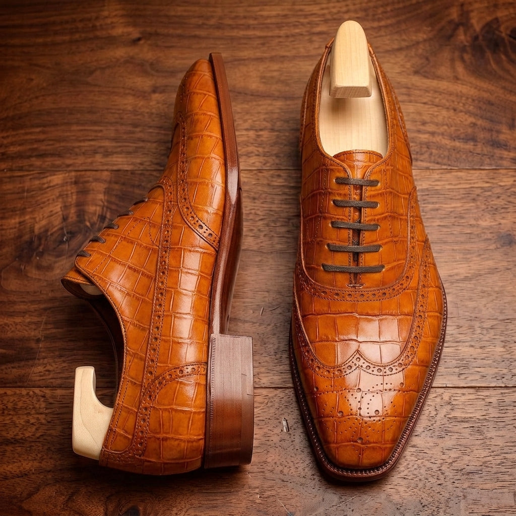 Black Crocodile-Print Leather Sedarain Brogue Oxford with Black Leather Sole