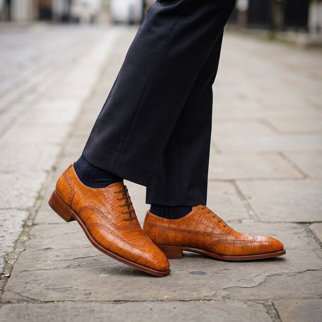Black Crocodile-Print Leather Sedarain Brogue Oxford with Black Leather Sole