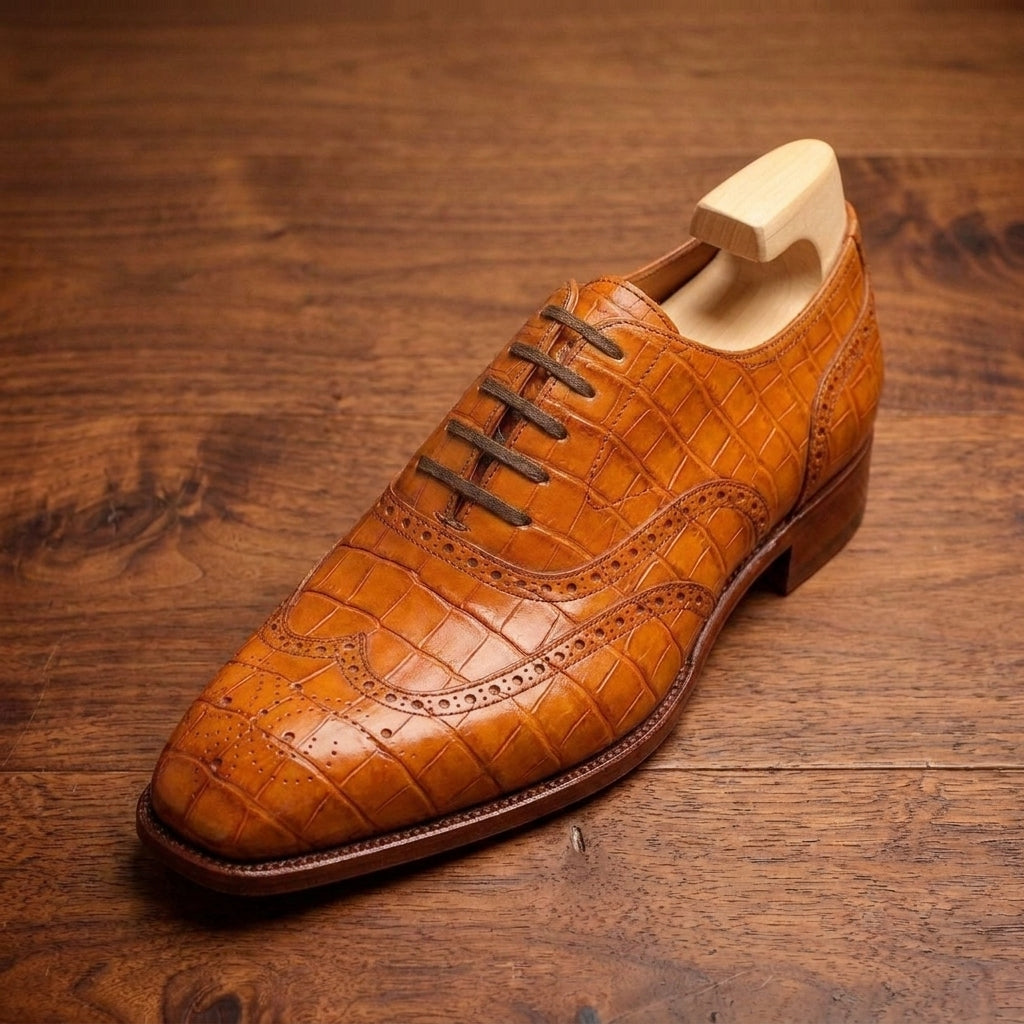 Black Crocodile-Print Leather Sedarain Brogue Oxford with Black Leather Sole