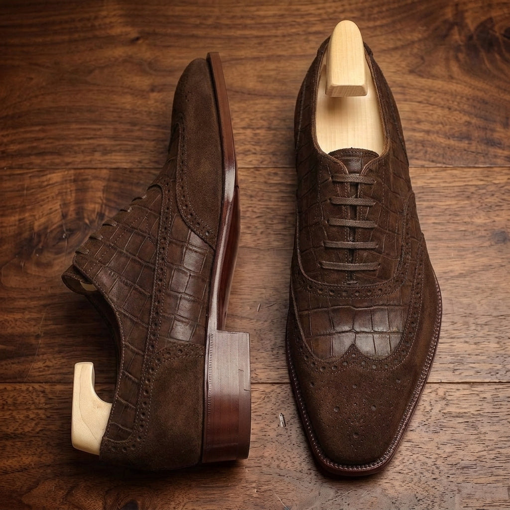 Brown Crocodile-Print Leather Sedarain Brogue Oxford with Natural Leather Sole
