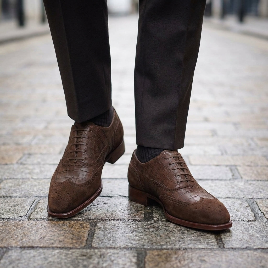 Brown Crocodile-Print Leather Sedarain Brogue Oxford with Natural Leather Sole