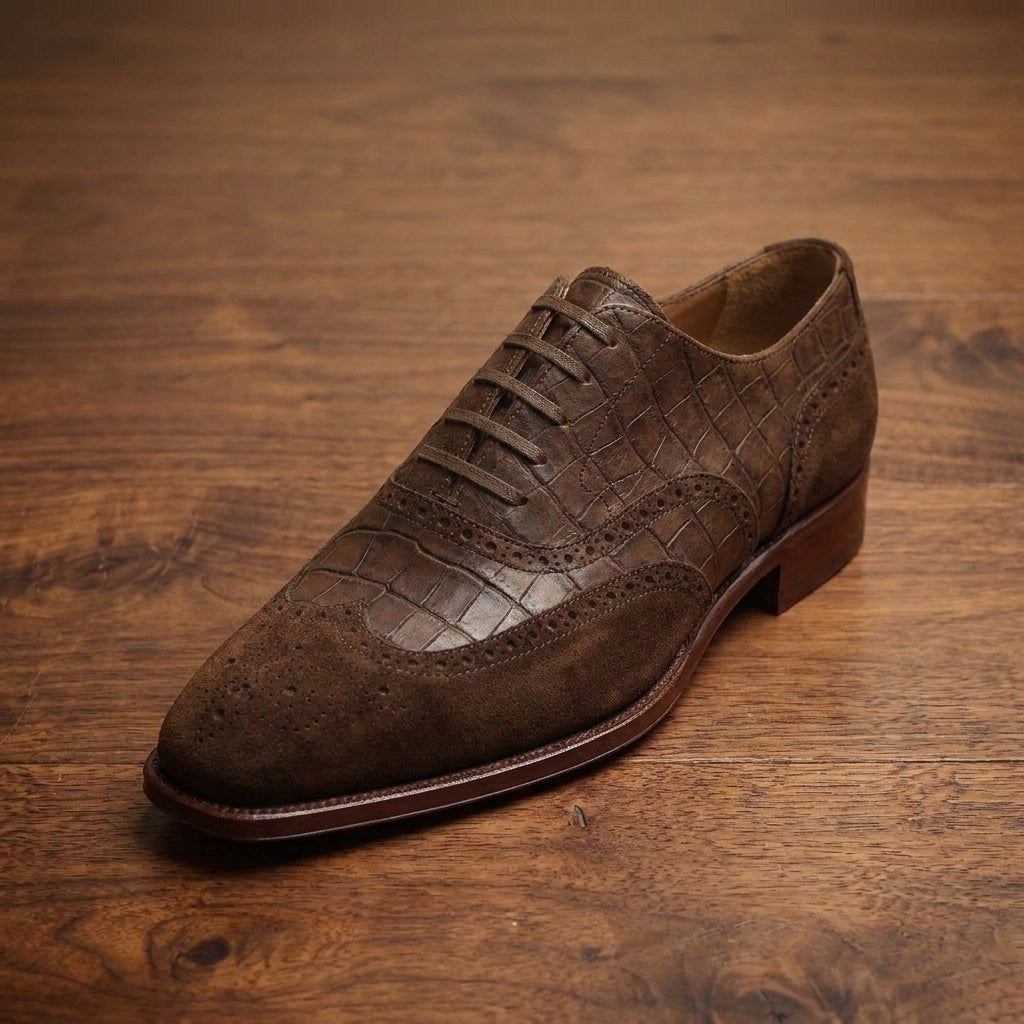 Brown Crocodile-Print Leather Sedarain Brogue Oxford with Natural Leather Sole