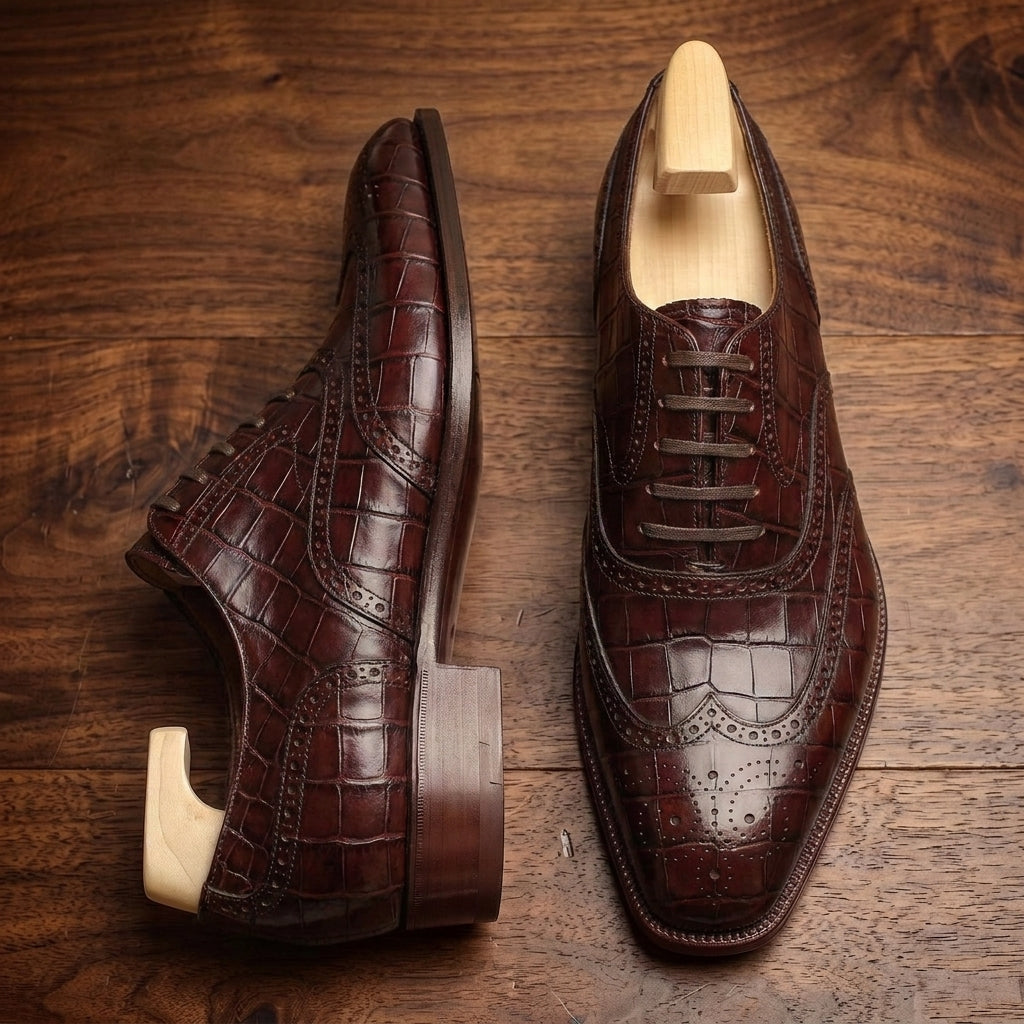 Burgundy Crocodile-Print Leather Sedarain Brogue Oxford with Natural Leather Sole