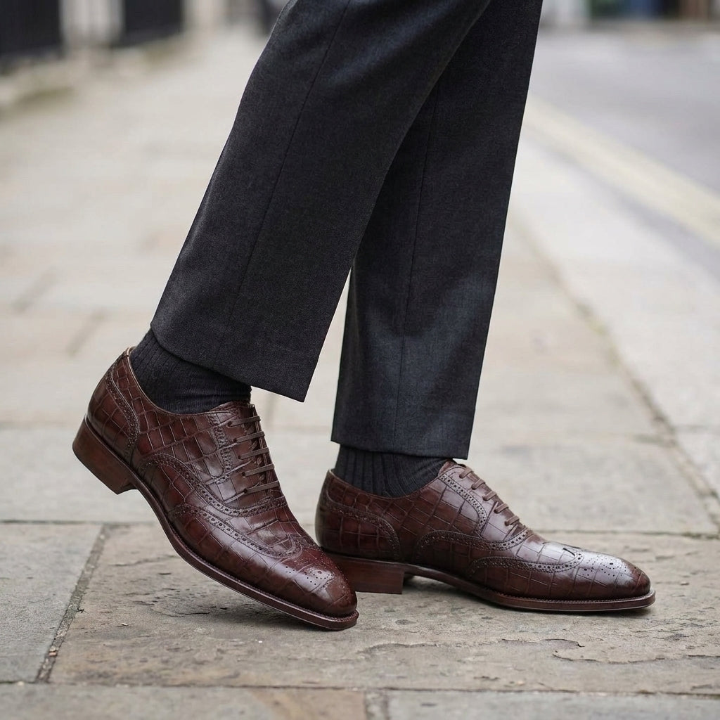 Burgundy Crocodile-Print Leather Sedarain Brogue Oxford with Natural Leather Sole