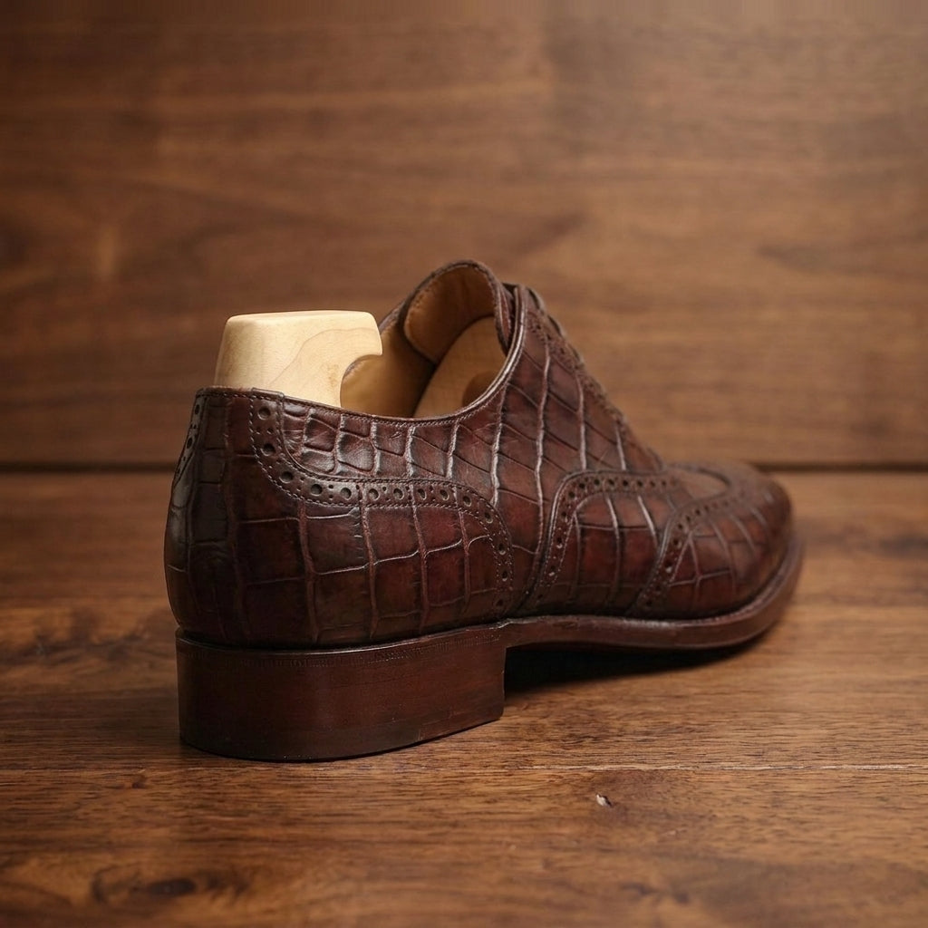 Burgundy Crocodile-Print Leather Sedarain Brogue Oxford with Natural Leather Sole