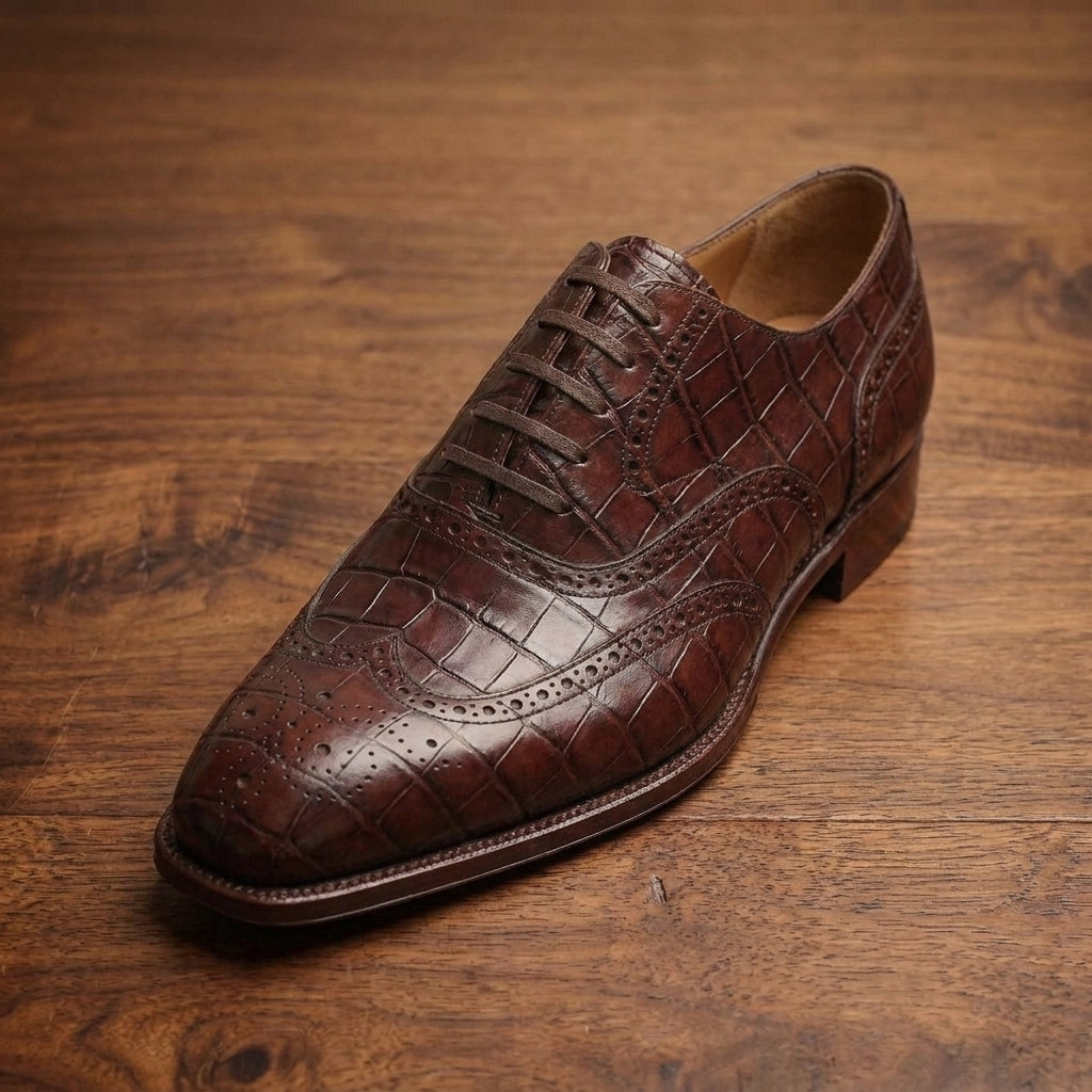 Burgundy Crocodile-Print Leather Sedarain Brogue Oxford with Natural Leather Sole