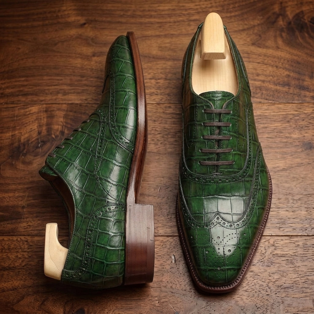 Green Crocodile-Print Leather Sedarain Brogue Oxford with Natural Leather Sole