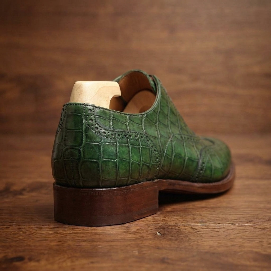 Green Crocodile-Print Leather Sedarain Brogue Oxford with Natural Leather Sole