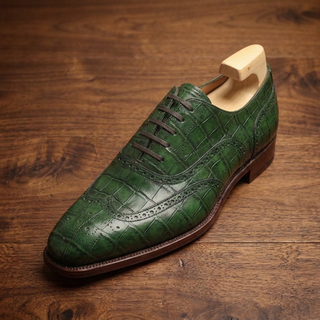 Green Crocodile-Print Leather Sedarain Brogue Oxford with Natural Leather Sole