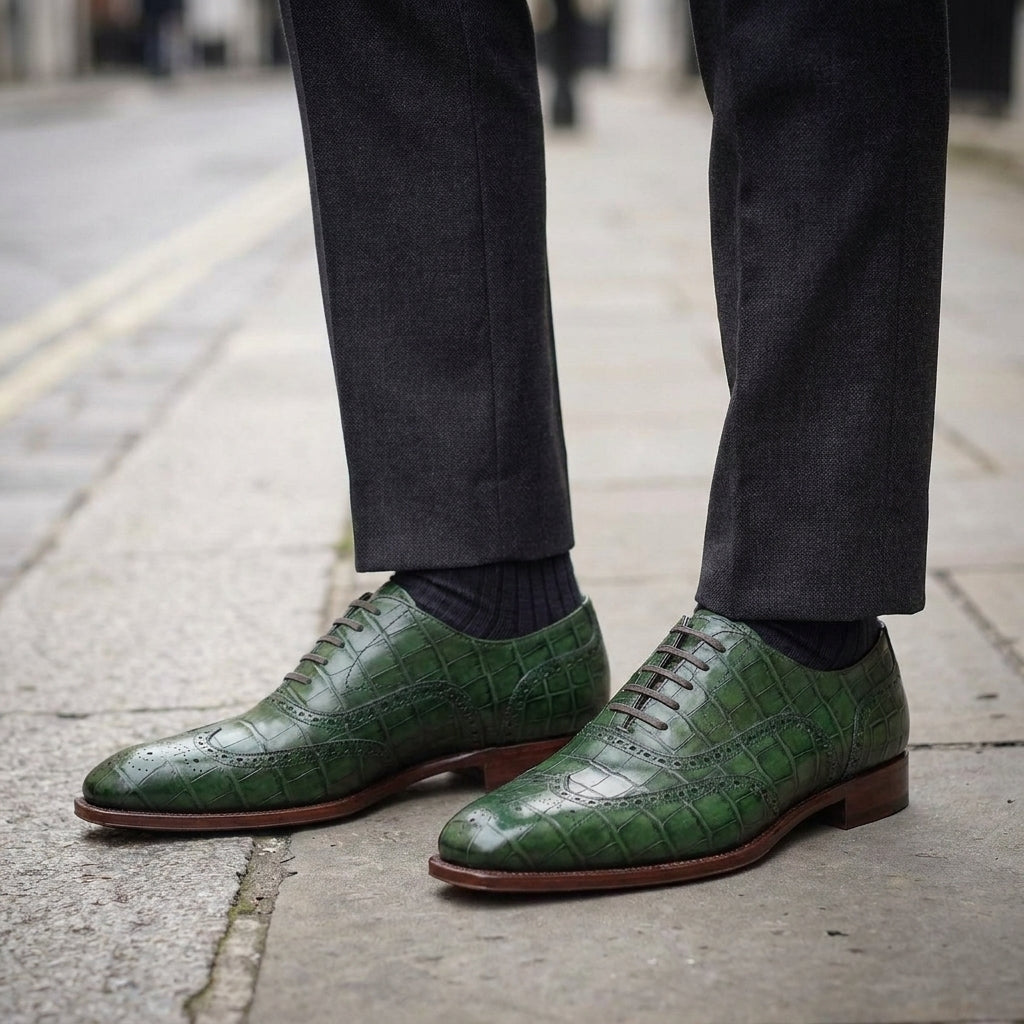 Green Crocodile-Print Leather Sedarain Brogue Oxford with Natural Leather Sole