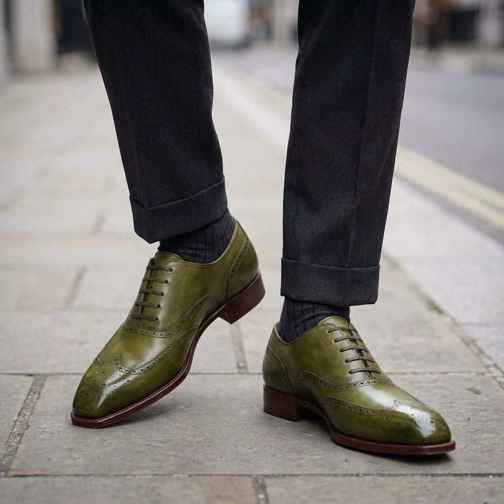 Green Leather Sedarain Brogue Oxford with Natural Leather Sole