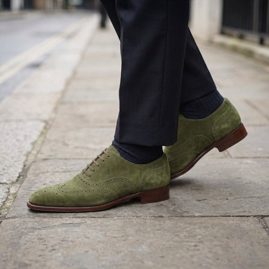 Green Suede Sedarain Brogue Oxford with Natural Leather Sole