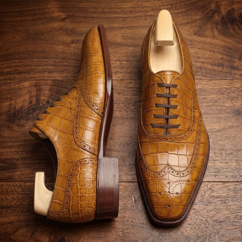 Tan Crocodile-Print Leather Sedarain Brogue Oxford with Natural Leather Sole