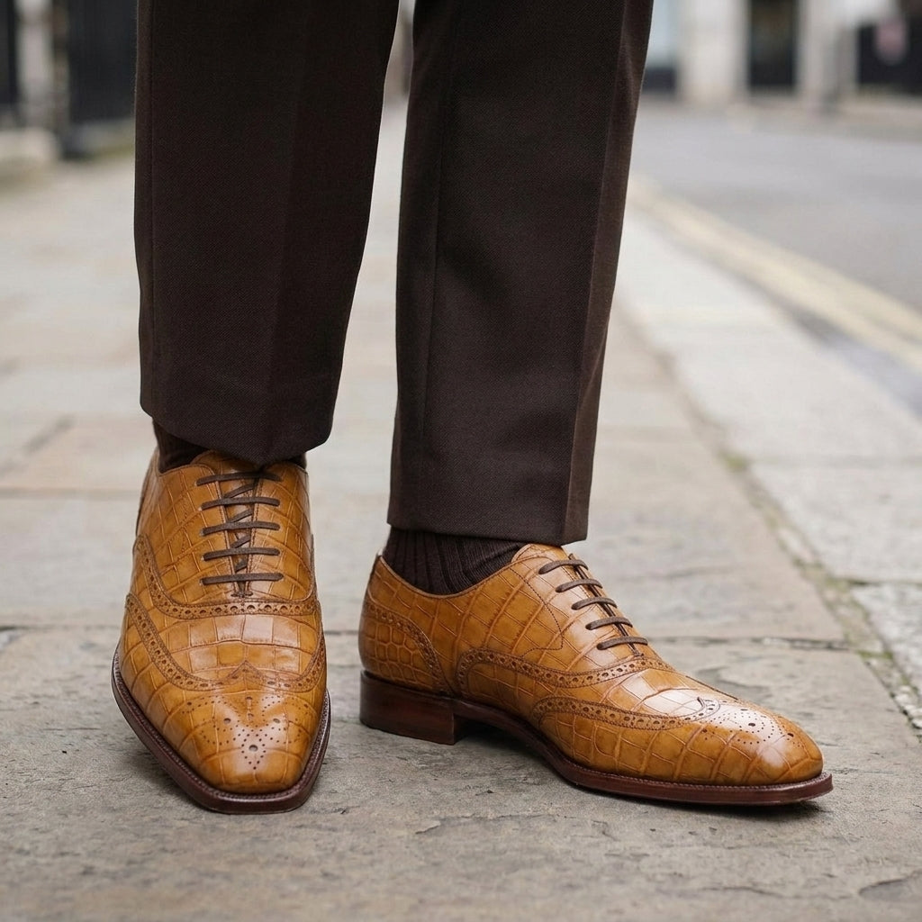 Tan Crocodile-Print Leather Sedarain Brogue Oxford with Natural Leather Sole