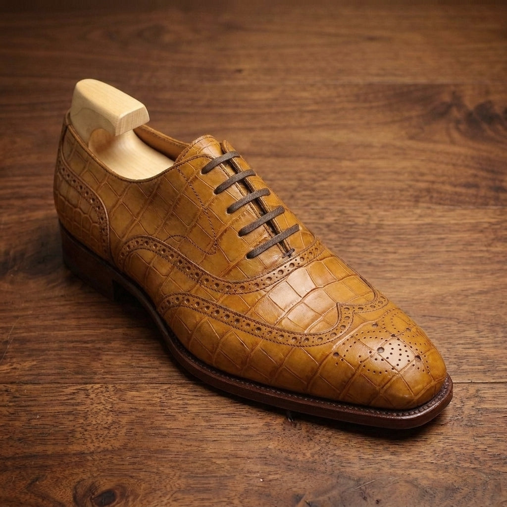 Tan Crocodile-Print Leather Sedarain Brogue Oxford with Natural Leather Sole