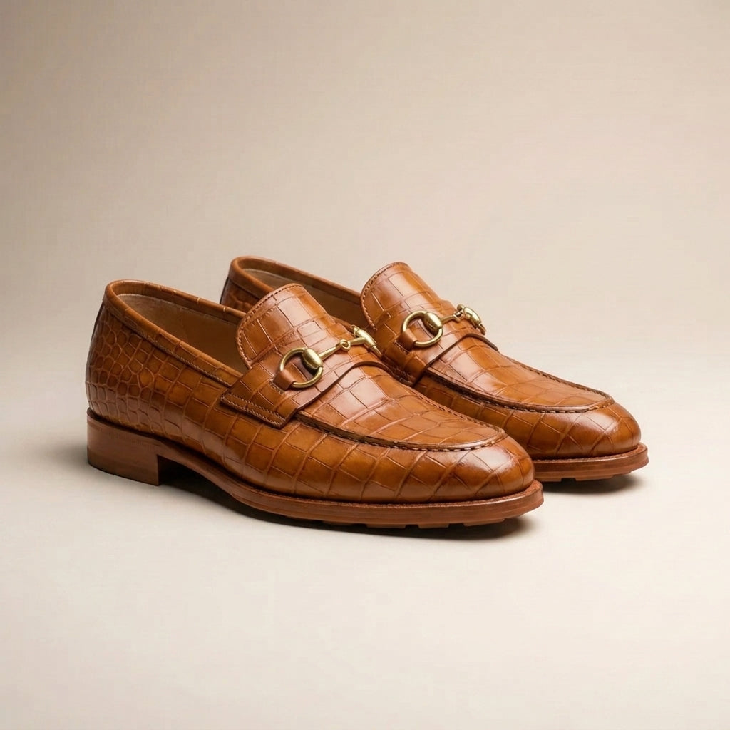 Black Crocodile-Print Leather Solaro Horse Bit Loafer with Black Leather Sole