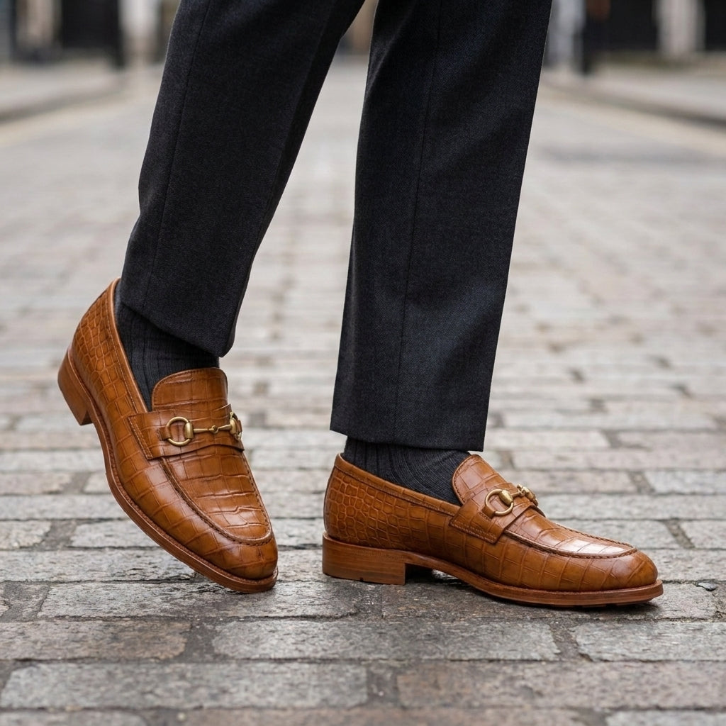 Black Crocodile-Print Leather Solaro Horse Bit Loafer with Black Leather Sole