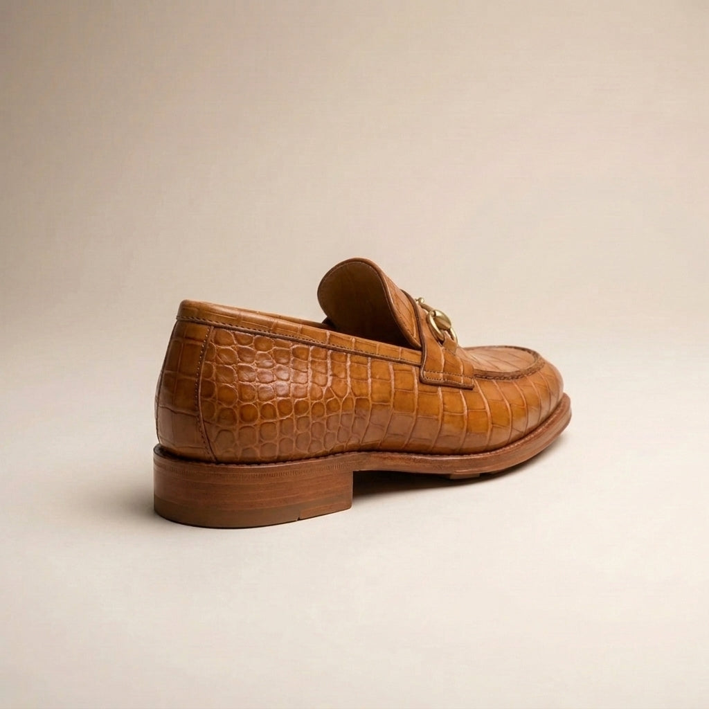 Black Crocodile-Print Leather Solaro Horse Bit Loafer with Black Leather Sole