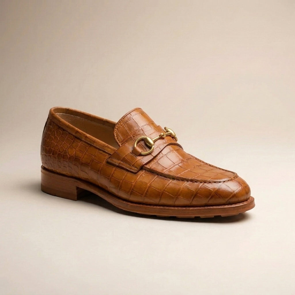 Black Crocodile-Print Leather Solaro Horse Bit Loafer with Black Leather Sole
