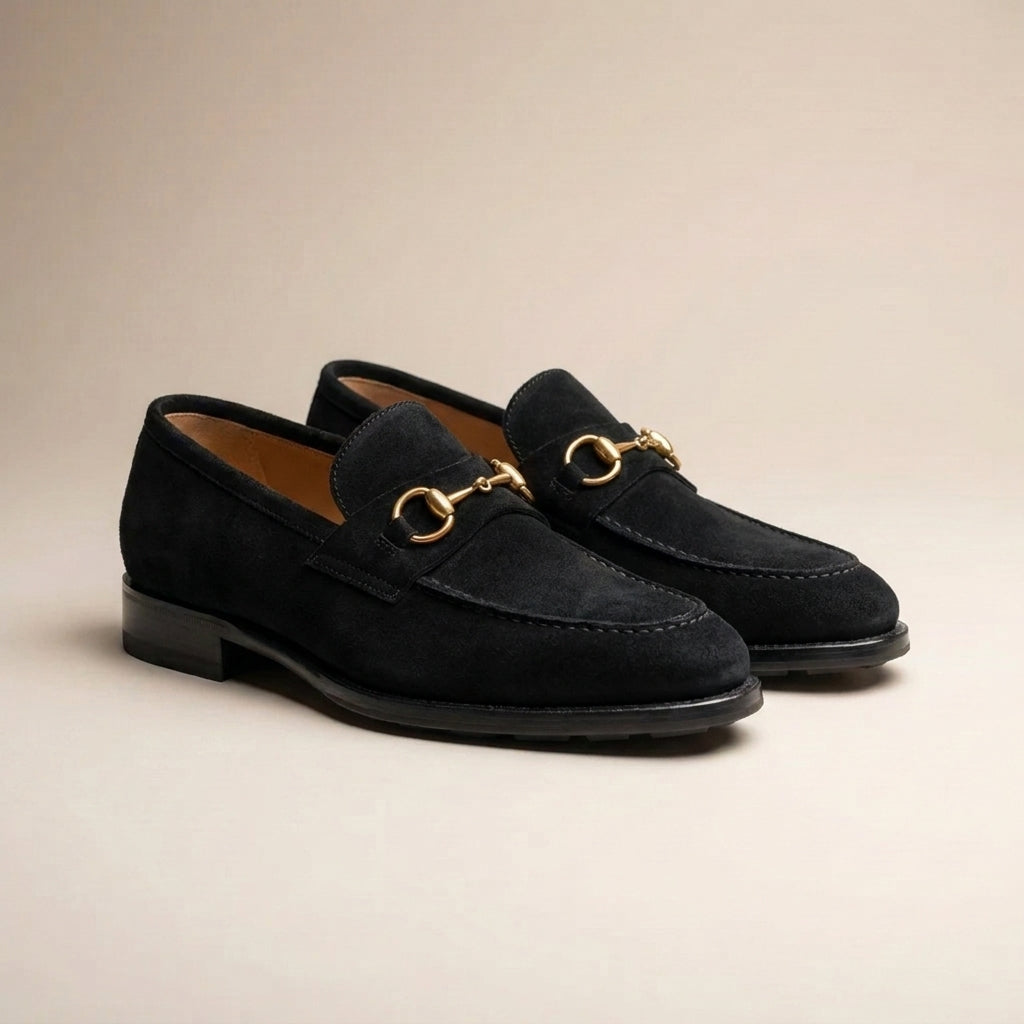 Black Suede Solaro Horse Bit Loafer with Black Leather Sole