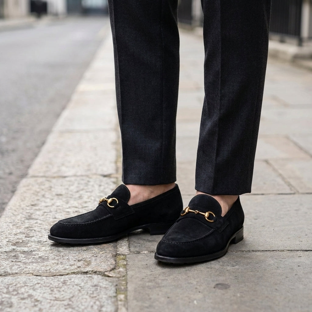 Black Suede Solaro Horse Bit Loafer with Black Leather Sole
