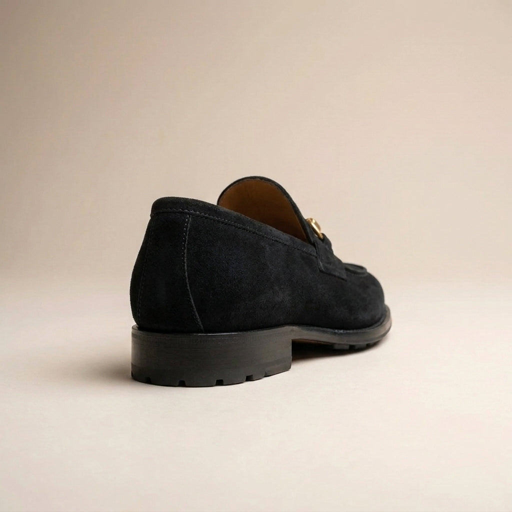Black Suede Solaro Horse Bit Loafer with Black Leather Sole