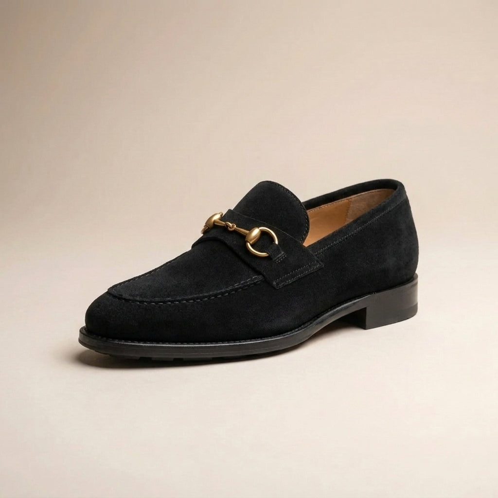 Black Suede Solaro Horse Bit Loafer with Black Leather Sole