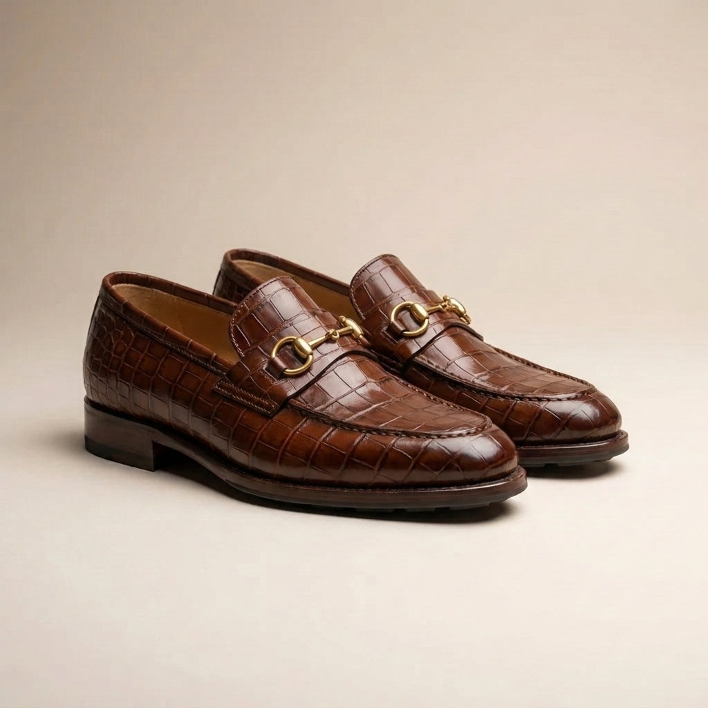 Brown Crocodile-Print Leather Solaro Horse Bit Loafer with Pebble Rubber Sole