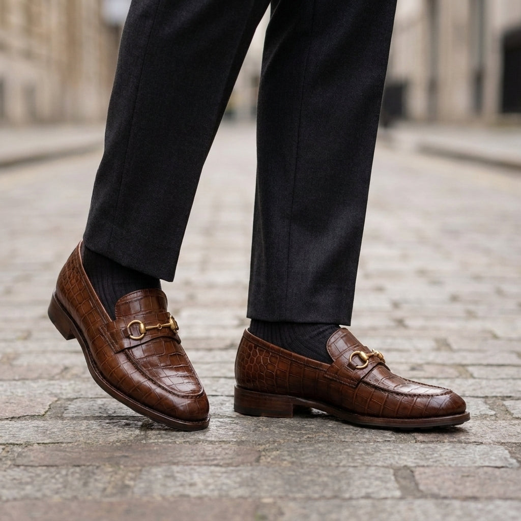 Brown Crocodile-Print Leather Solaro Horse Bit Loafer with Pebble Rubber Sole