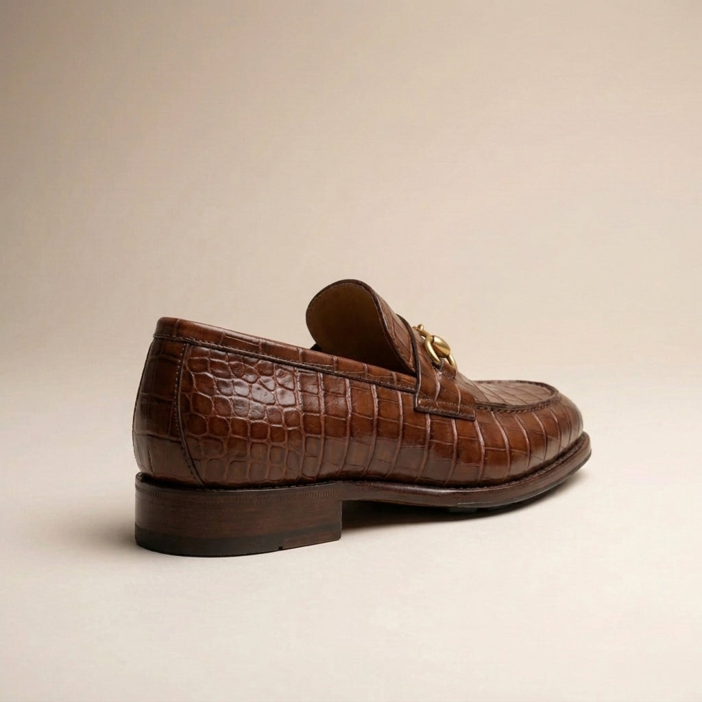 Brown Crocodile-Print Leather Solaro Horse Bit Loafer with Pebble Rubber Sole