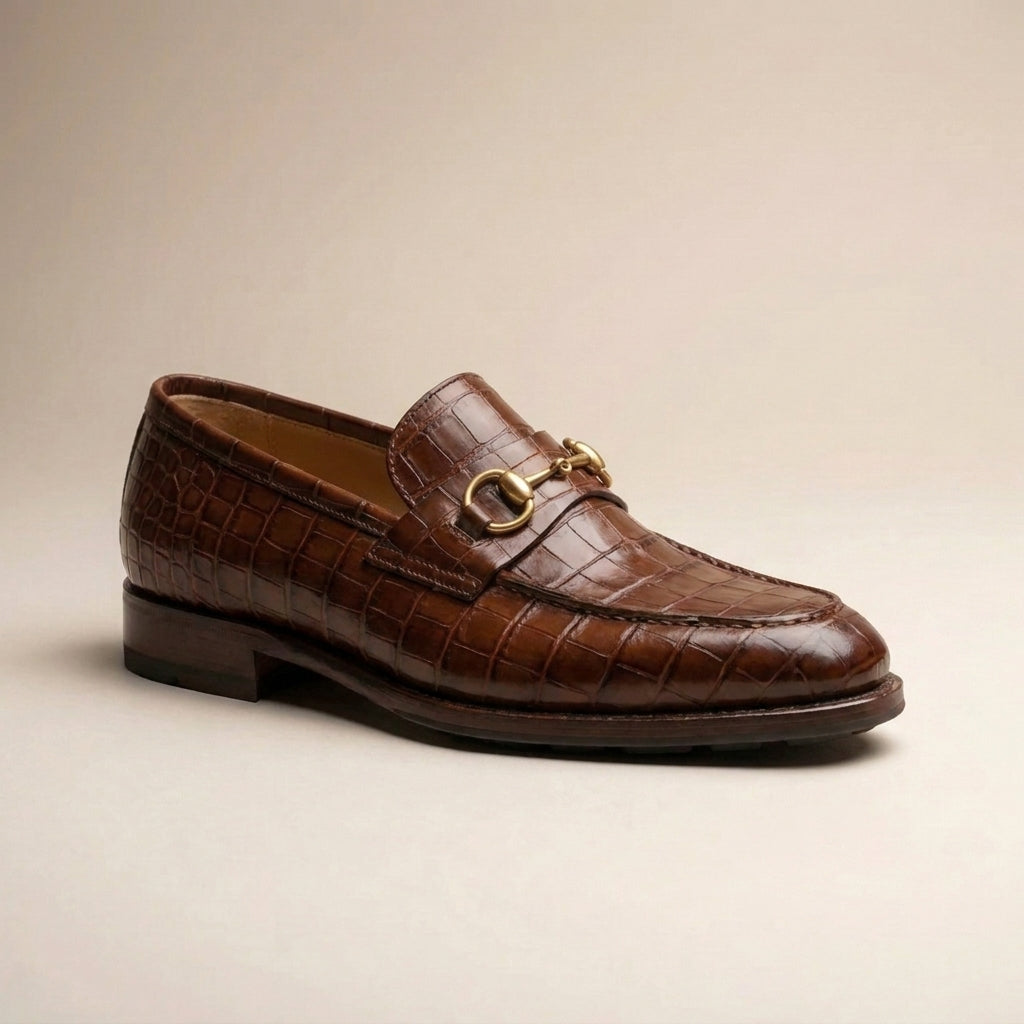 Brown Crocodile-Print Leather Solaro Horse Bit Loafer with Pebble Rubber Sole