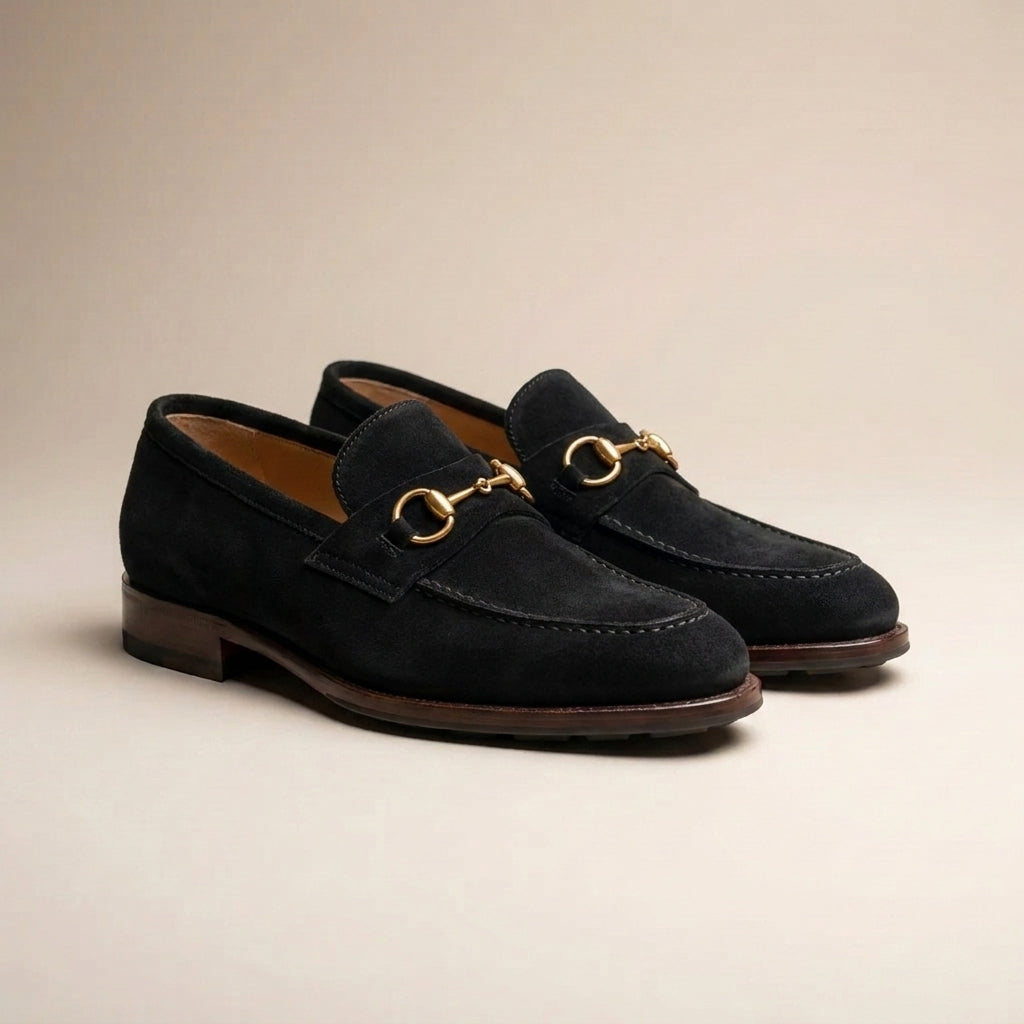 Brown Suede Solaro Horse Bit Loafer with Pebble Rubber Sole