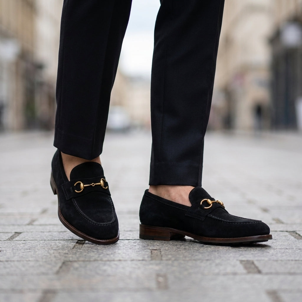 Brown Suede Solaro Horse Bit Loafer with Pebble Rubber Sole