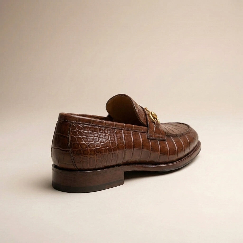 Burgundy Crocodile-Print Leather Solaro Horse Bit Loafer with Pebble Rubber Sole