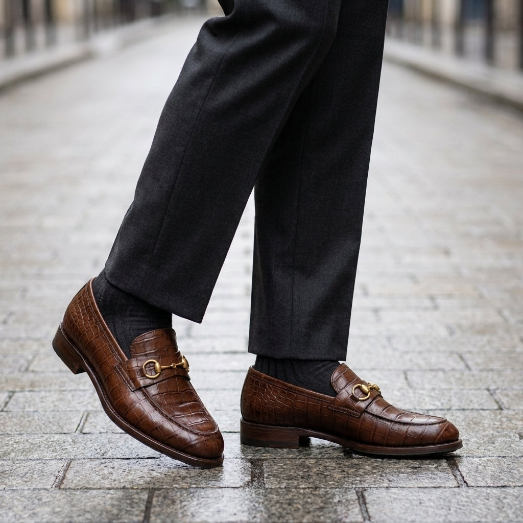 Burgundy Crocodile-Print Leather Solaro Horse Bit Loafer with Pebble Rubber Sole