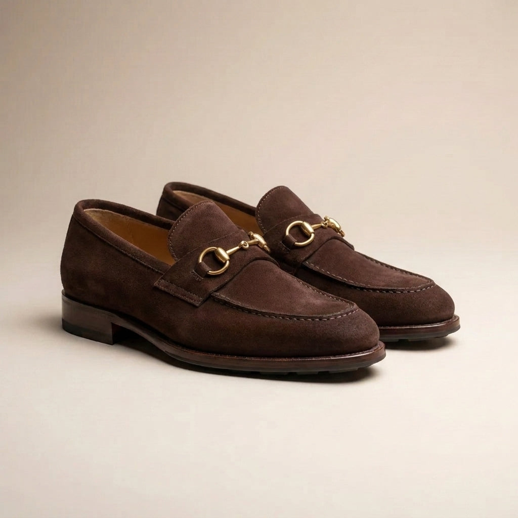 Burgundy Suede Solaro Horse Bit Loafer with Pebble Rubber Sole
