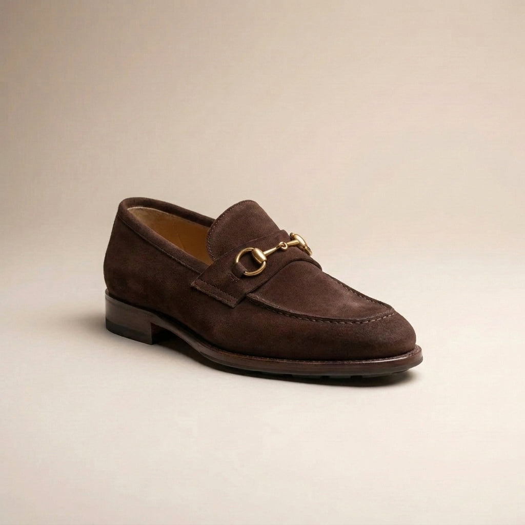 Burgundy Suede Solaro Horse Bit Loafer with Pebble Rubber Sole