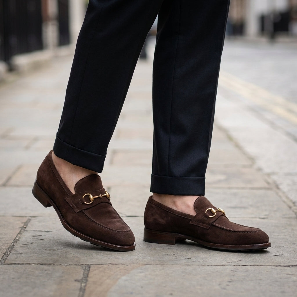 Burgundy Suede Solaro Horse Bit Loafer with Pebble Rubber Sole